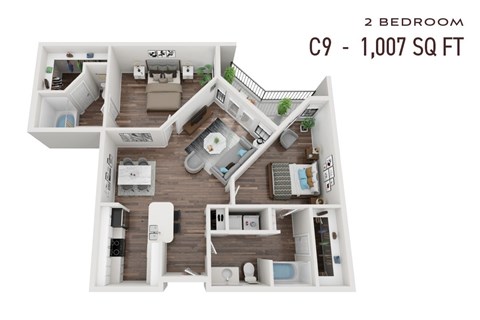 Floor plan for 2 beds, 2 baths, 1007 sqft